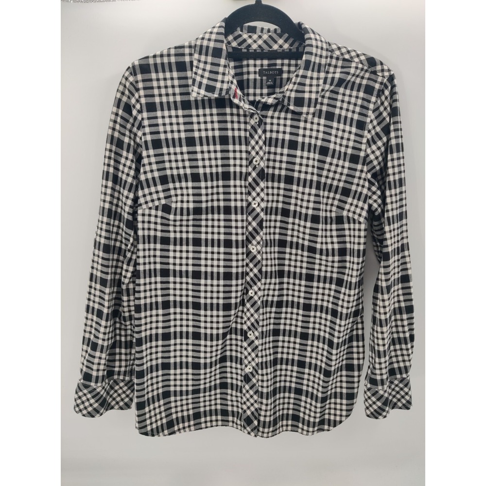 Talbots Womens Black‎ White Plaid Metallic Button Down Shirt Size M Long Sleeve